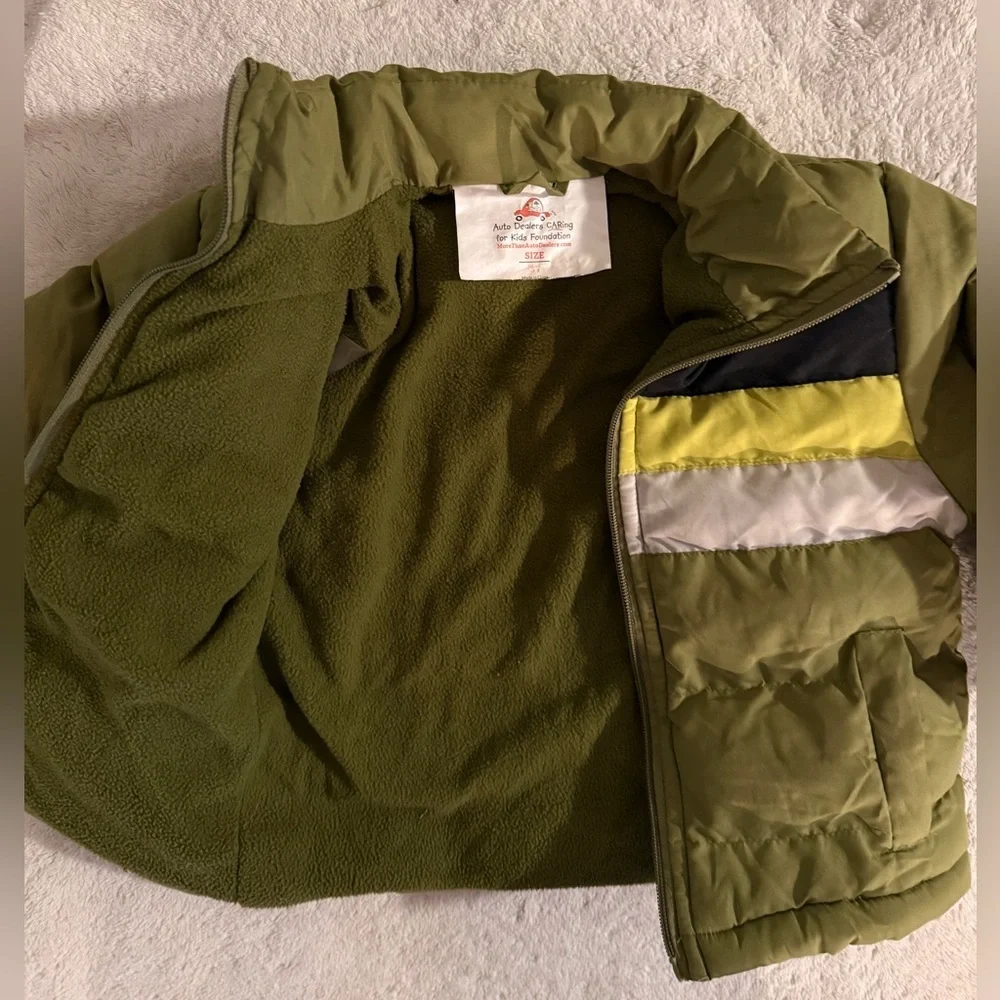 Kids Olive Green Puffer Jacket with Stripes